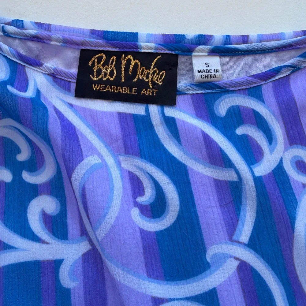 Bob Mackie Wearable Art Women Scroll Print Side Tie Blouse‎ Blue Purple Small